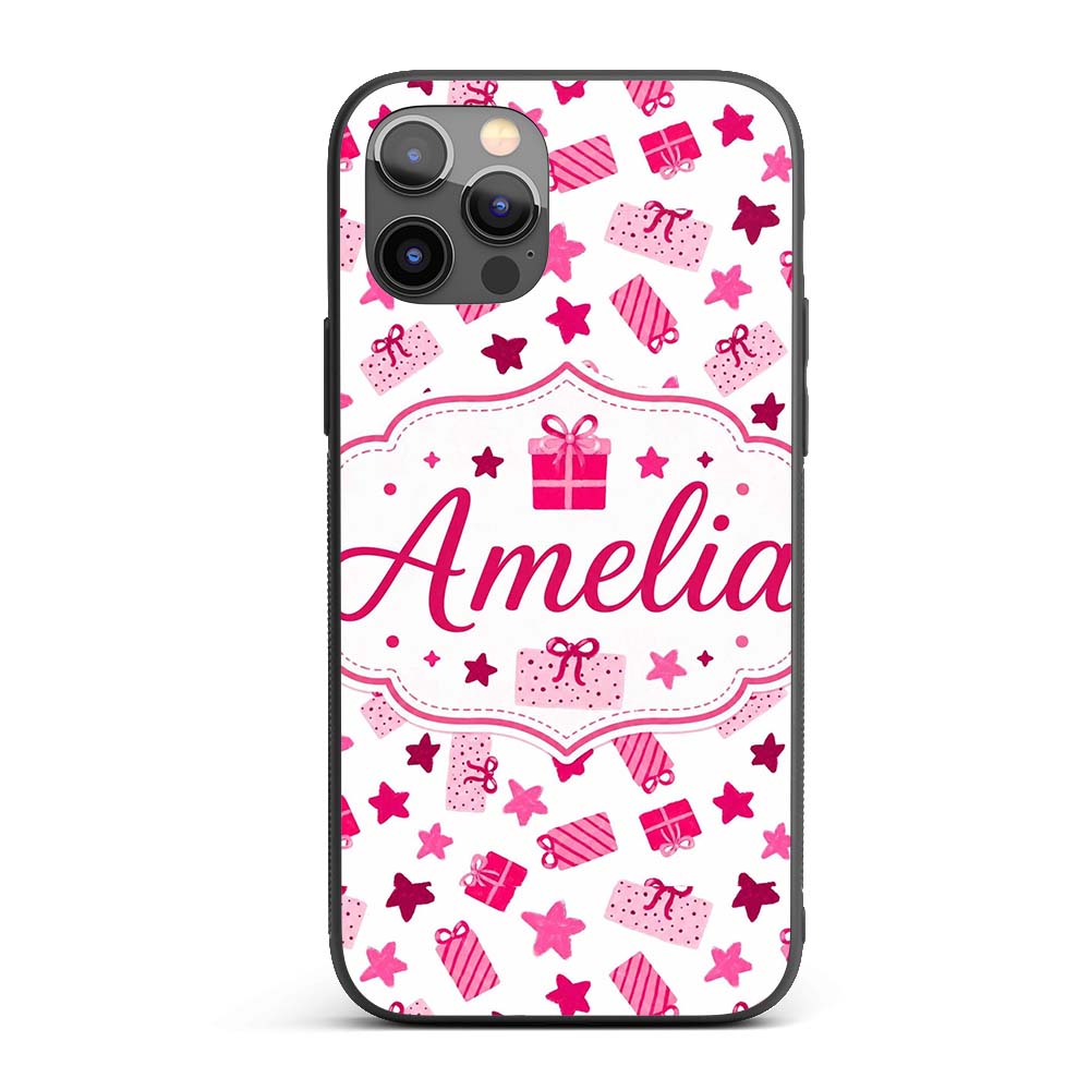 Cute Pink Gift Box Star Festive Seamless Pattern Custom Name Protective Phone Case Mobile Cover Durable Everyday Smartphone Shock Resistant