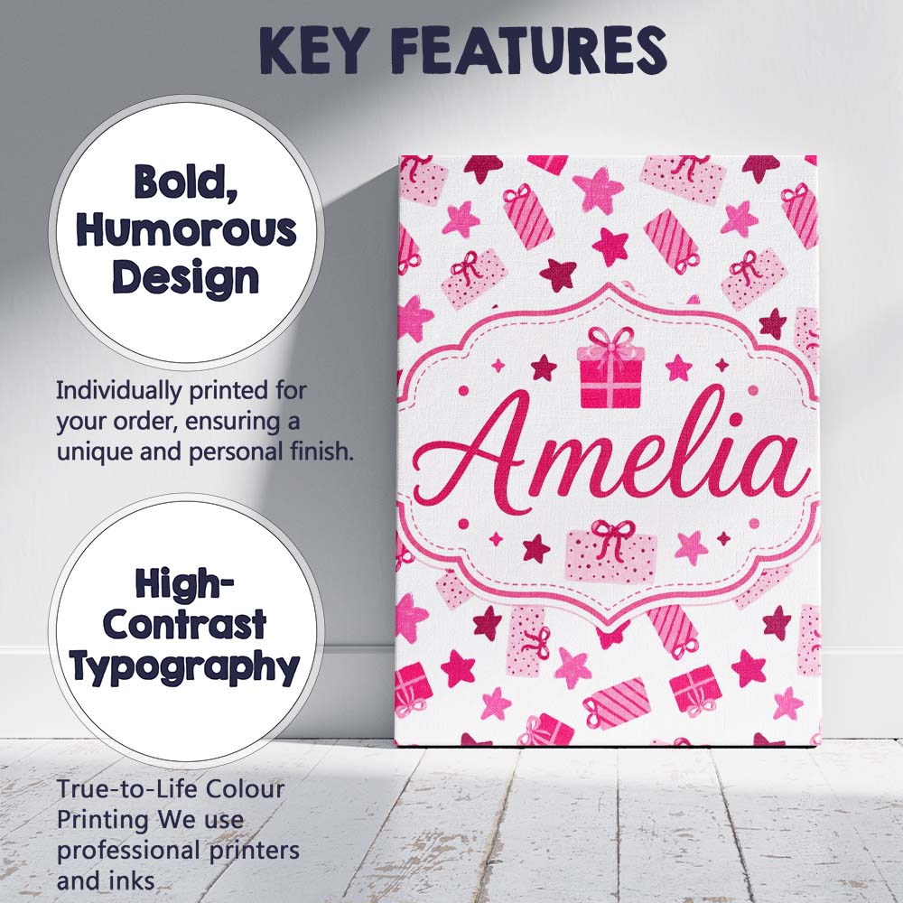 Personalised Name Cute Pink Gift Box Star Custom Bespoke Decorative Contemporary Canvas Wall Art Print Decor Picture Ready to Hang