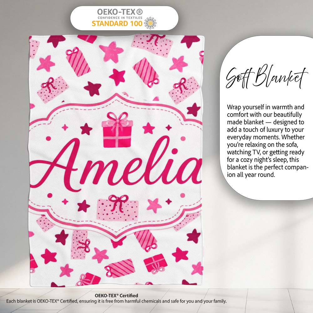 Cute Pink Gift Box Star Festive Seamless Pattern Cute Unique Gift Personalised Custom Name Super Soft Fleece Blanket Bed Sofa Throw