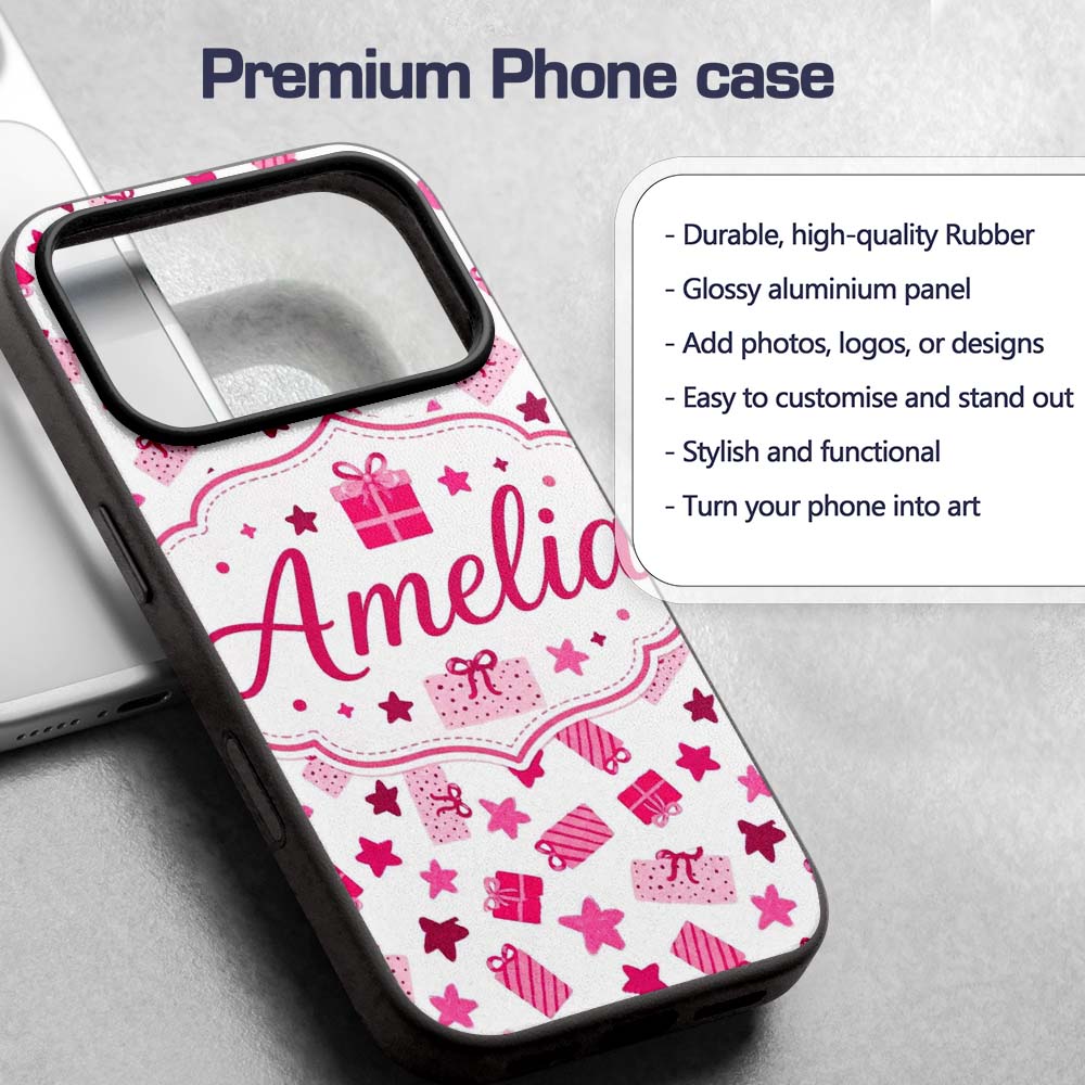 Cute Pink Gift Box Star Festive Seamless Pattern Custom Name Protective Phone Case Mobile Cover Durable Everyday Smartphone Shock Resistant