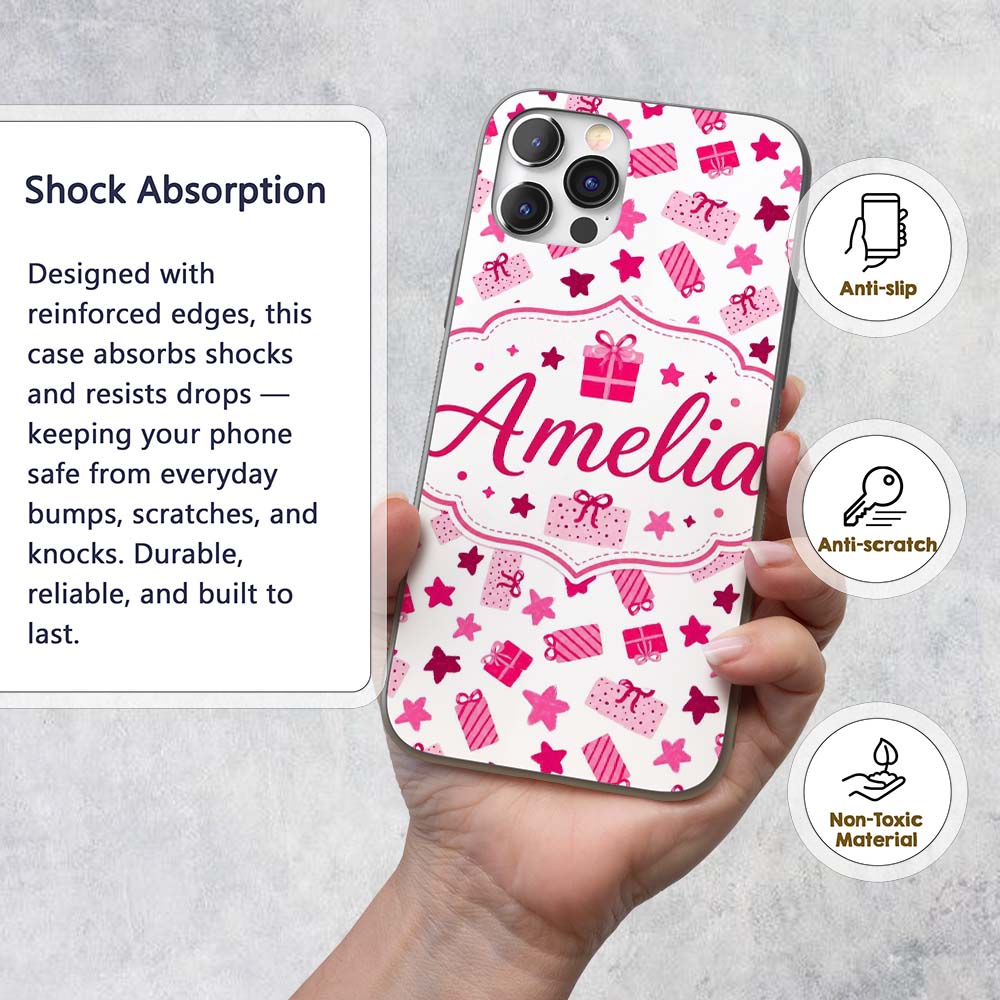 Cute Pink Gift Box Star Festive Seamless Pattern Custom Name Protective Phone Case Mobile Cover Durable Everyday Smartphone Shock Resistant