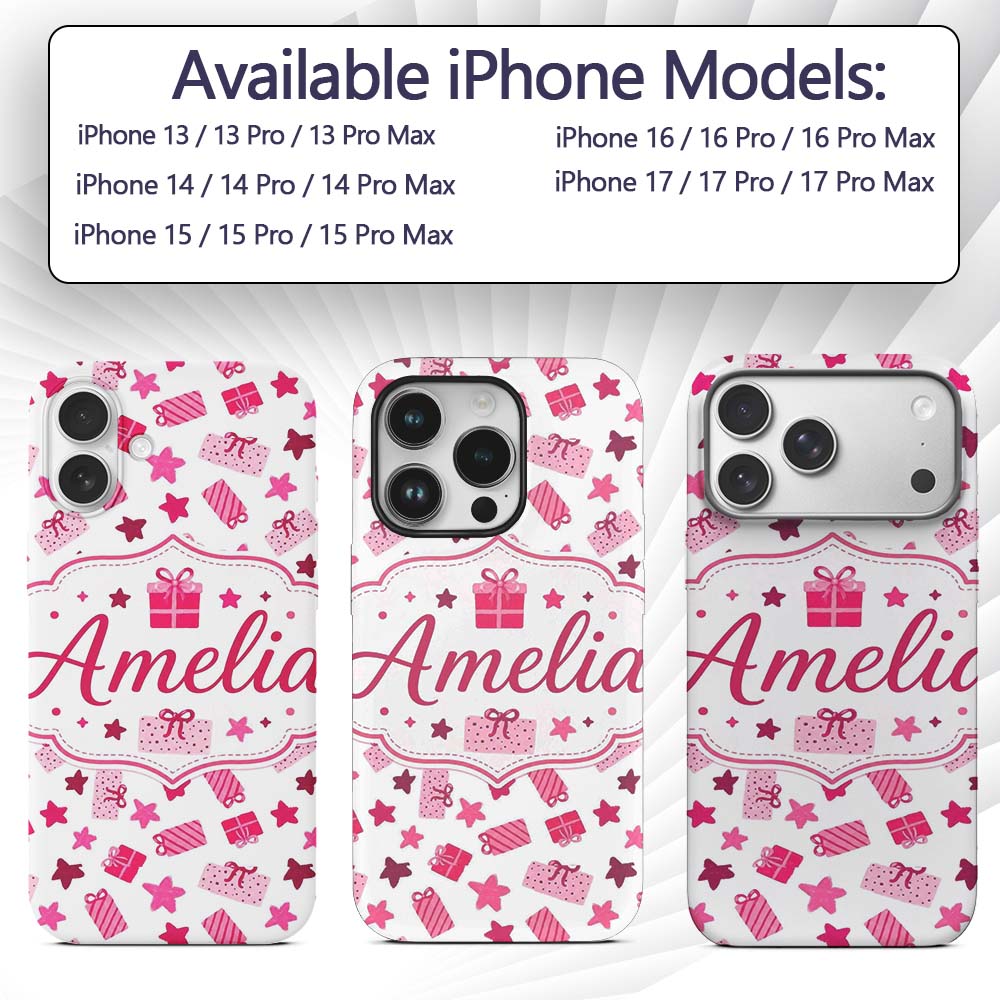 Cute Pink Gift Box Star Festive Seamless Pattern Custom Name Protective Phone Case Mobile Cover Durable Everyday Smartphone Shock Resistant