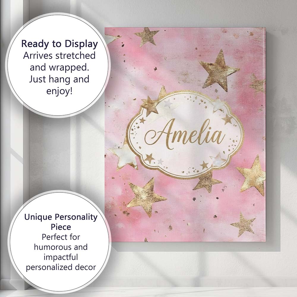Personalised Name Elegant Gold Star Pink Custom Interior Decorative Contemporary Canvas Wall Art Print Decor Picture Ready to Hang