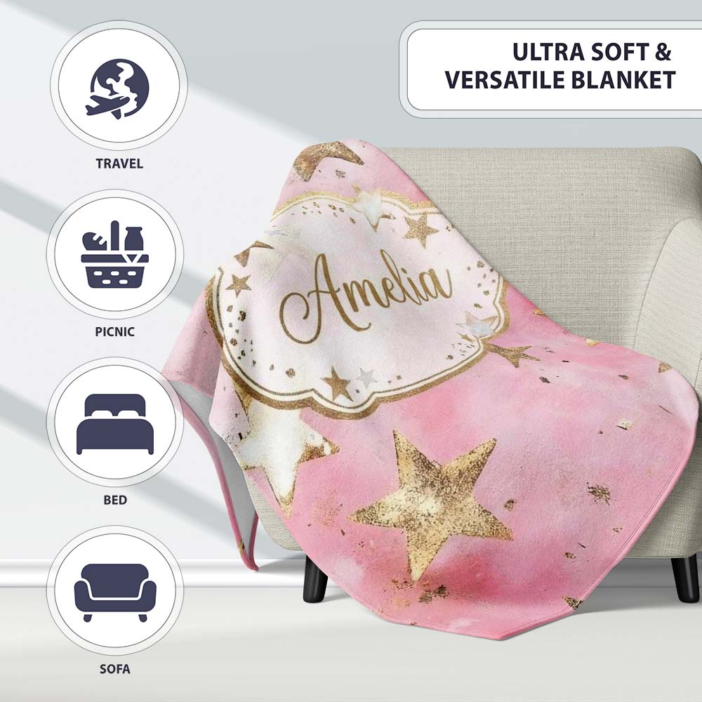 Elegant Gold Star Pink Watercolor Background Seamless Pattern Lovely Personalised Custom Name Super Soft Fleece Blanket Bed Sofa Throw