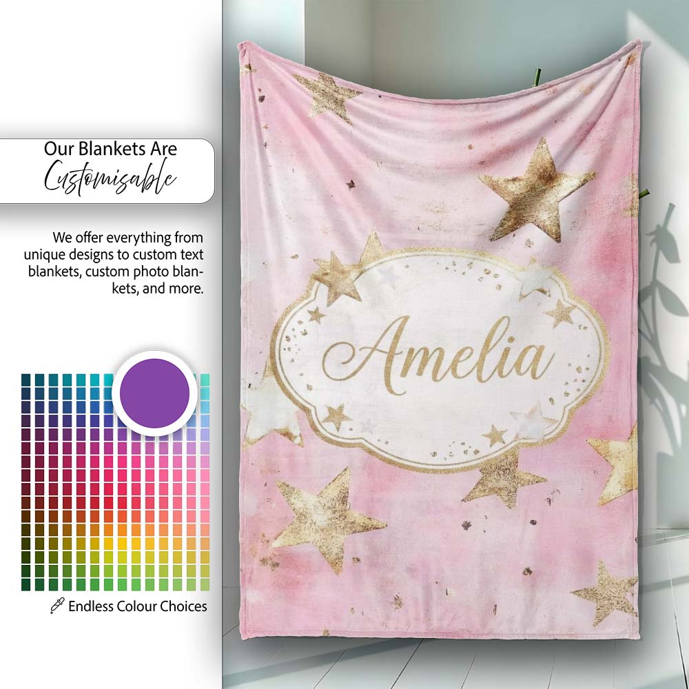 Elegant Gold Star Pink Watercolor Background Seamless Pattern Lovely Personalised Custom Name Super Soft Fleece Blanket Bed Sofa Throw