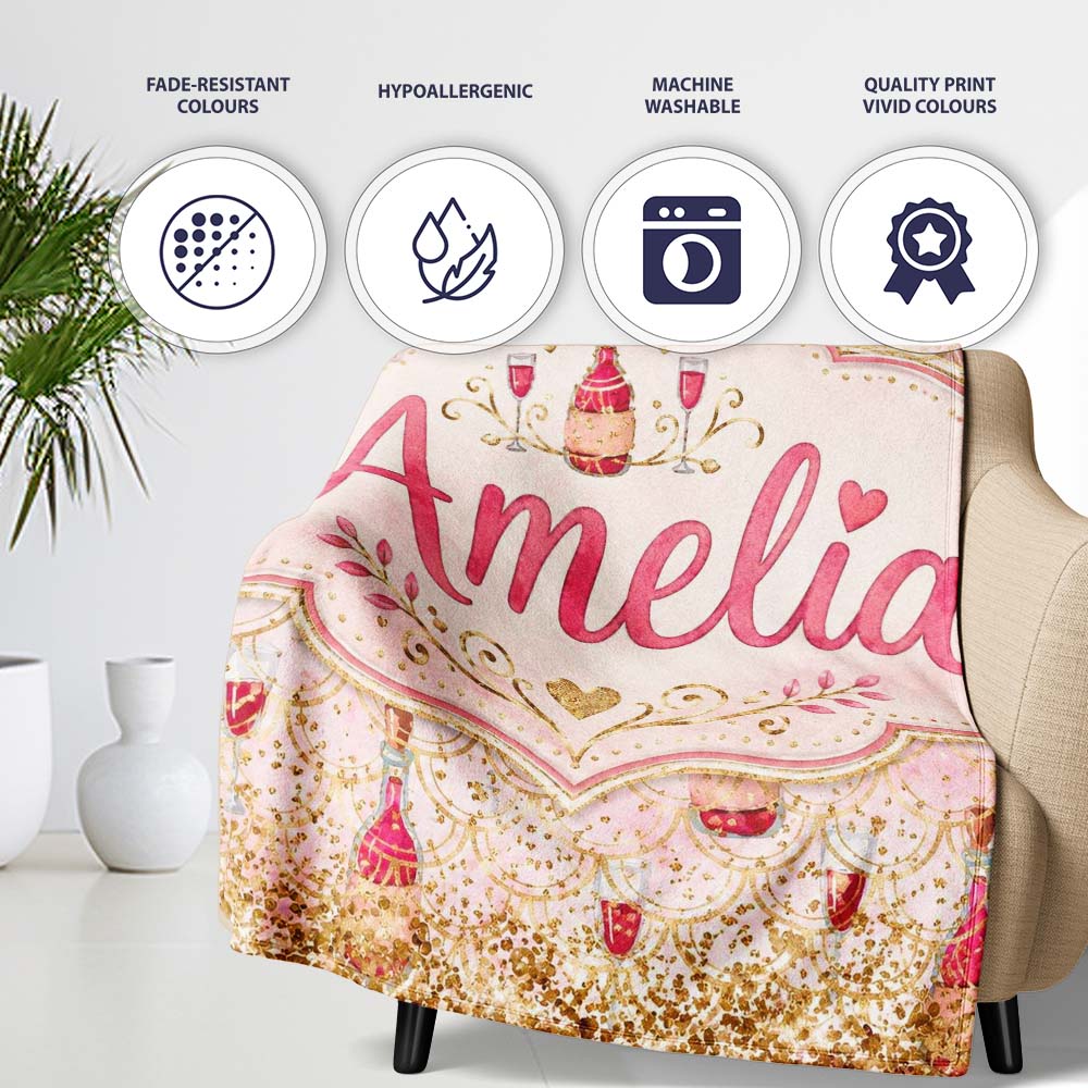 Luxury Champagne Bottle Gold Glitter Party Seamless Pattern Lovely Personalised Custom Name Super Soft Fleece Blanket Bed Sofa Throw