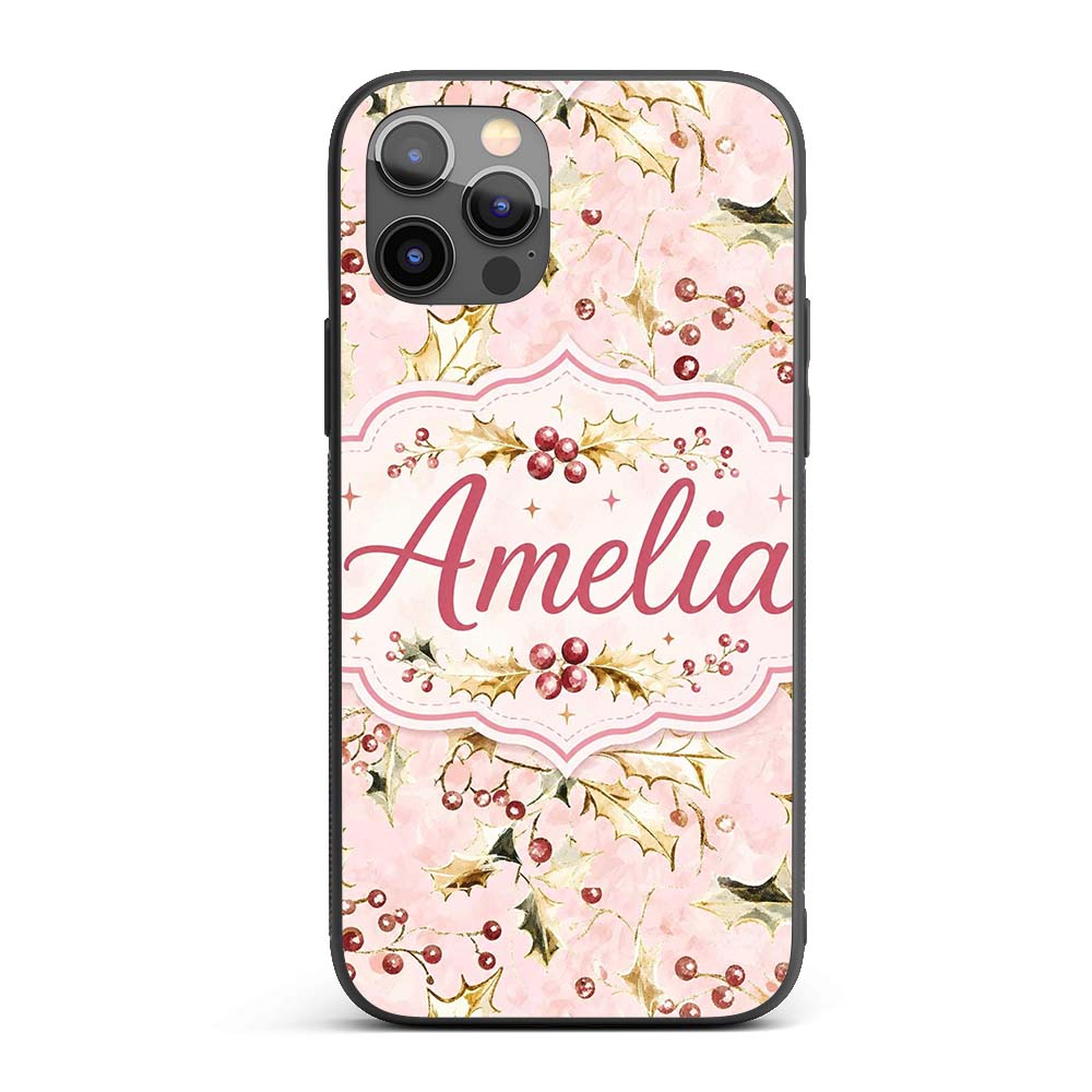 Elegant Gold Holly Berry Pink Background Seamless Custom Name Protective Phone Case Mobile Cover Durable Everyday Smartphone Shock Resistant