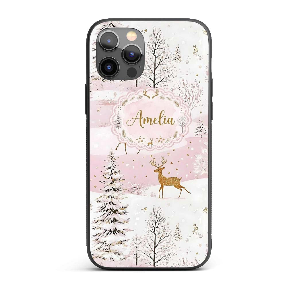 Winter Deer Snow Forest Pink Landscape Seamless Custom Name Protective Phone Case Mobile Cover Durable Everyday Smartphone Shock Resistant