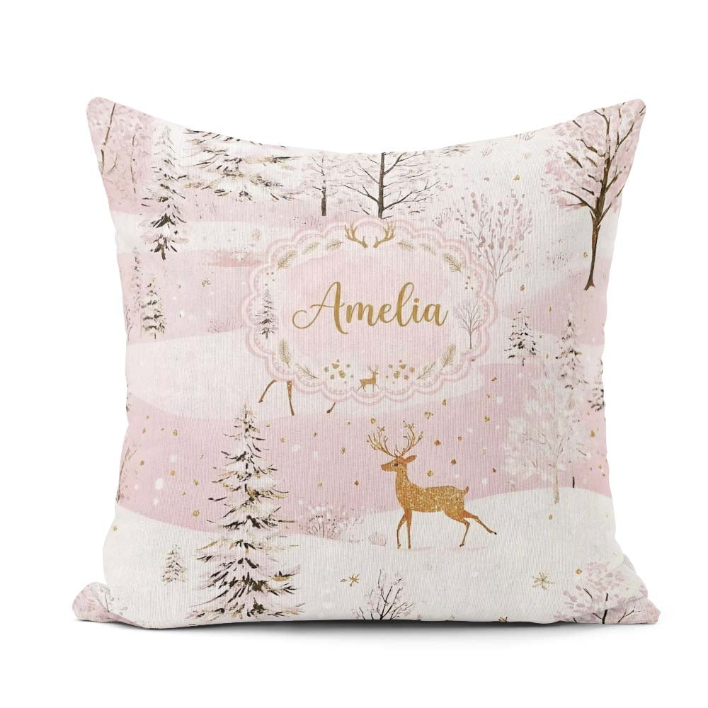 Custom Name Winter Deer Snow Forest Pink Seamless Pattern Lovely Square Filled Cushion Throw Pillow Sofa Bed Home Decor Zip Washable UK Made