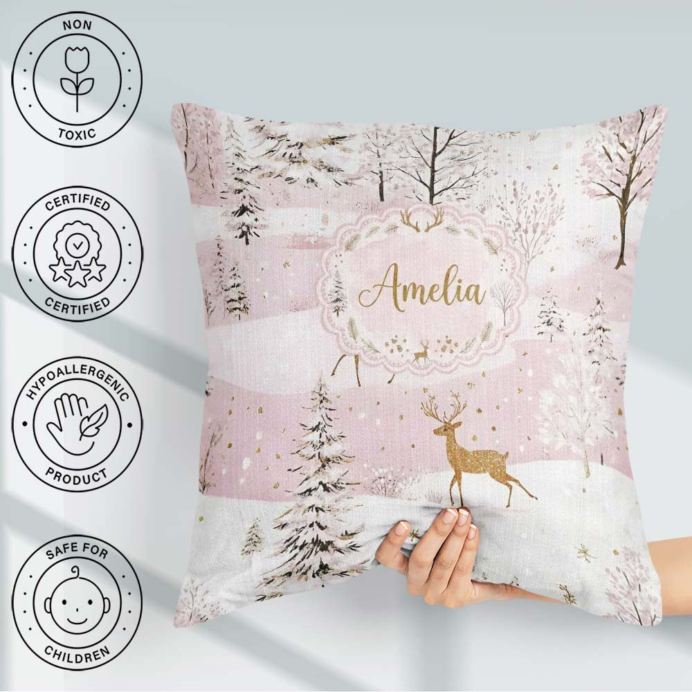 Custom Name Winter Deer Snow Forest Pink Seamless Pattern Lovely Square Filled Cushion Throw Pillow Sofa Bed Home Decor Zip Washable UK Made