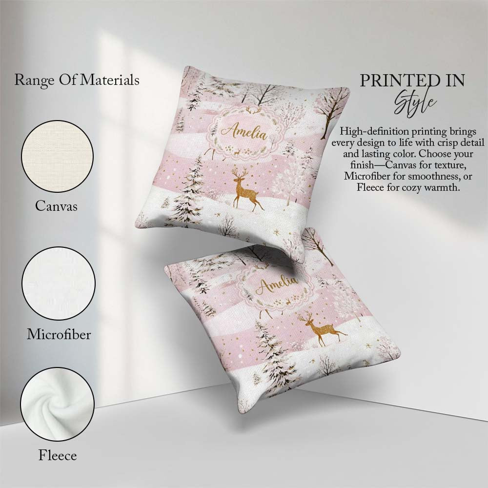 Custom Name Winter Deer Snow Forest Pink Seamless Pattern Lovely Square Filled Cushion Throw Pillow Sofa Bed Home Decor Zip Washable UK Made