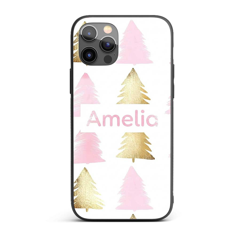 Minimal Gold Pink Christmas Tree Seamless Pattern Custom Name Protective Phone Case Mobile Cover Durable Everyday Smartphone Shock Resistant