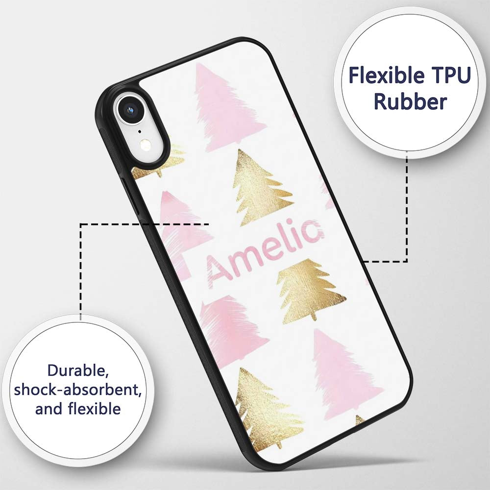 Minimal Gold Pink Christmas Tree Seamless Pattern Custom Name Protective Phone Case Mobile Cover Durable Everyday Smartphone Shock Resistant