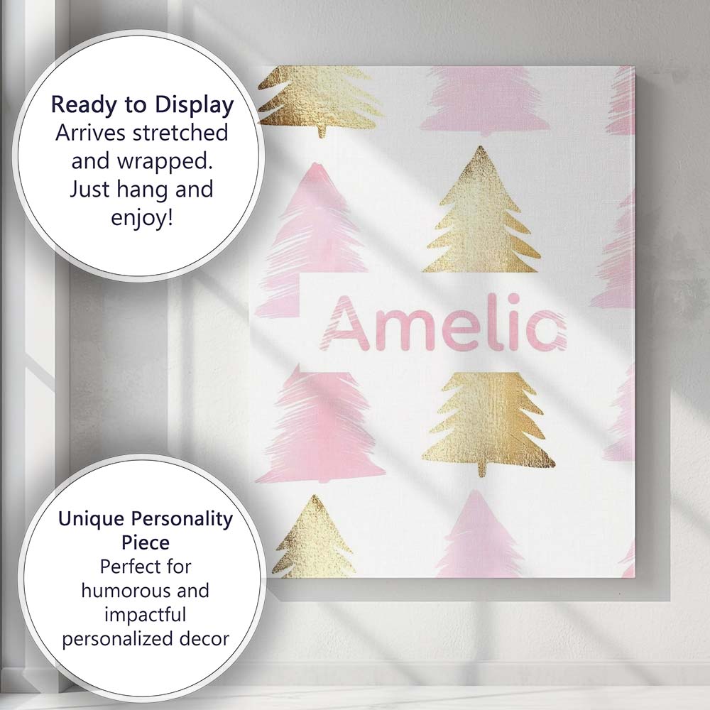 Personalised Name Minimal Gold Pink Christmas Custom Unique Gift Idea Modern Room Accent Canvas Wall Art Print Decor Picture Ready to Hang