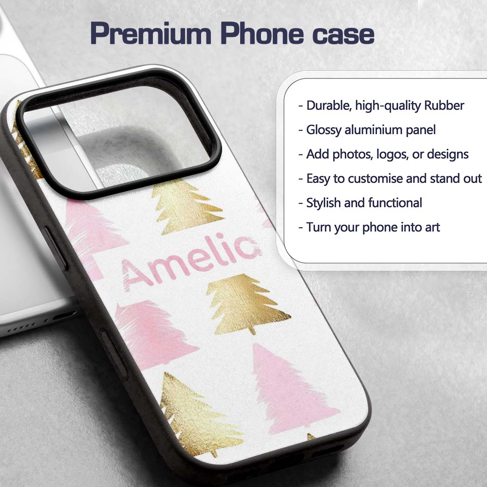 Minimal Gold Pink Christmas Tree Seamless Pattern Custom Name Protective Phone Case Mobile Cover Durable Everyday Smartphone Shock Resistant