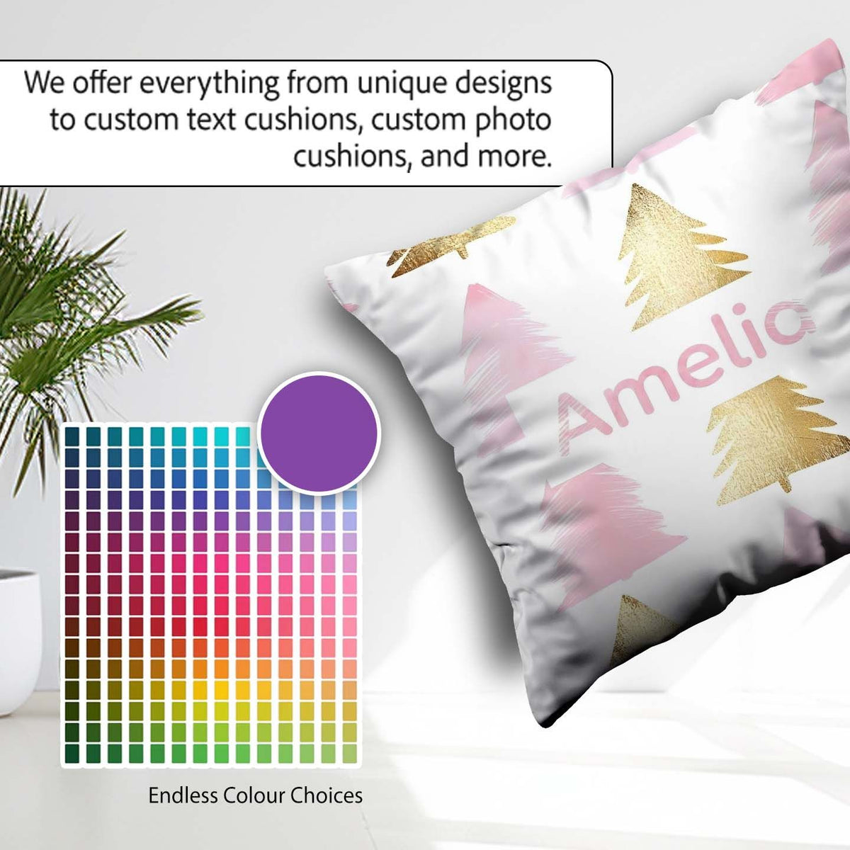 Custom Name Minimal Gold Pink Christmas Tree Seamless Pattern Square Filled Cushion Throw Pillow Sofa Bed Home Decor Zip Washable UK Made