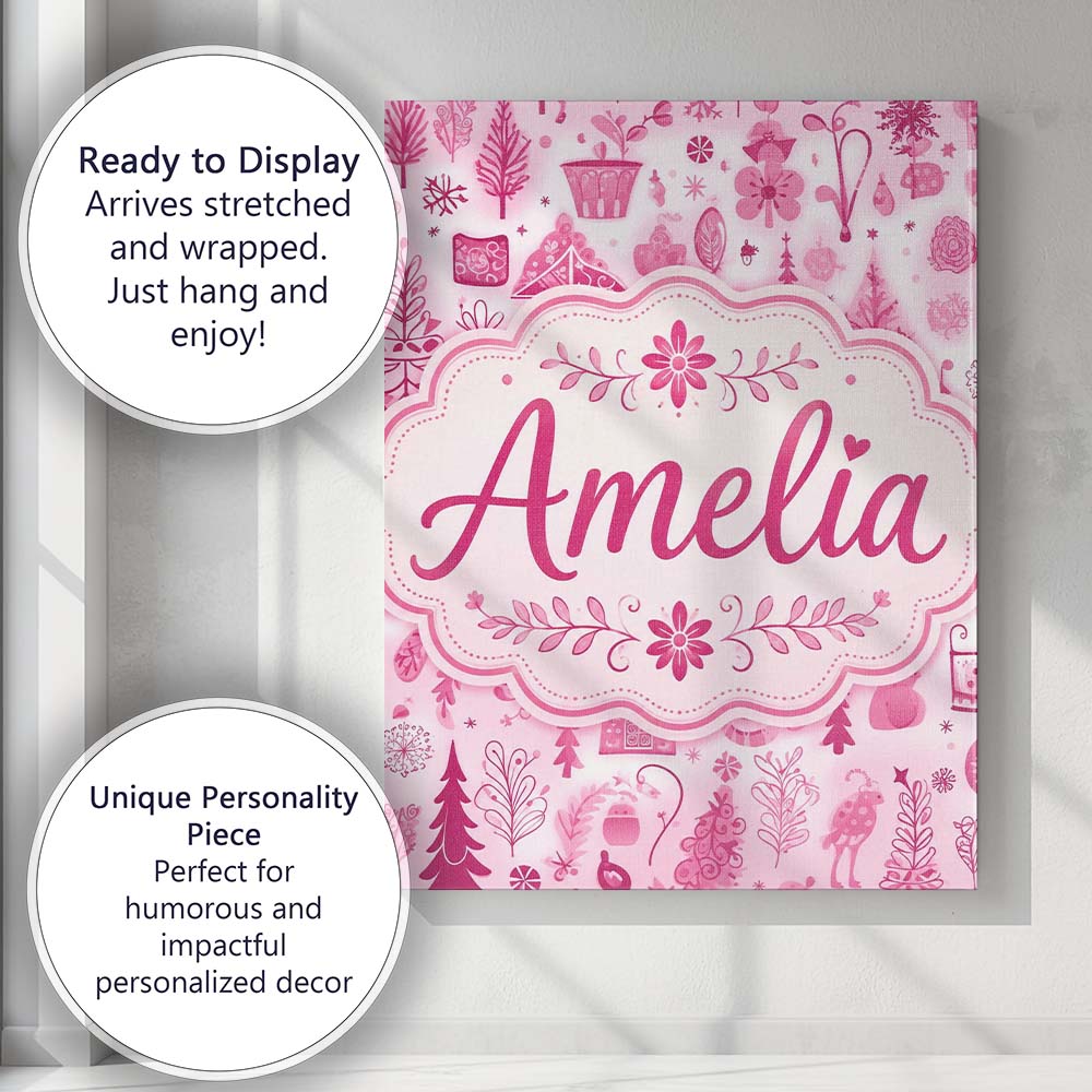 Personalised Name Cute Pink Folk Custom Bespoke Unique Gift Idea Elegant Feature Canvas Wall Art Print Decor Picture Ready to Hang