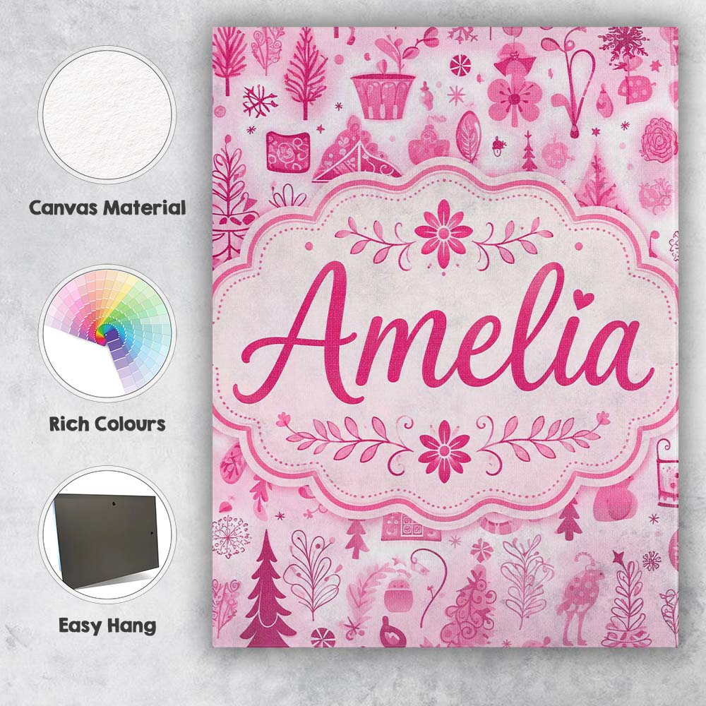 Personalised Name Cute Pink Folk Custom Bespoke Unique Gift Idea Elegant Feature Canvas Wall Art Print Decor Picture Ready to Hang
