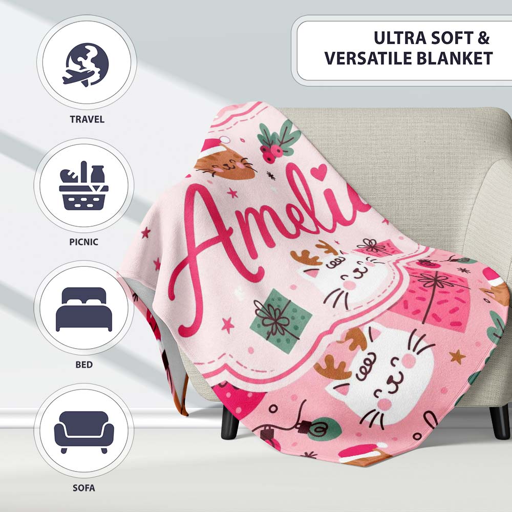 Cute Christmas Cats Gifts Baubles Festive Seamless Pattern Lovely Personalised Custom Name Super Soft Fleece Blanket Bed Sofa Throw