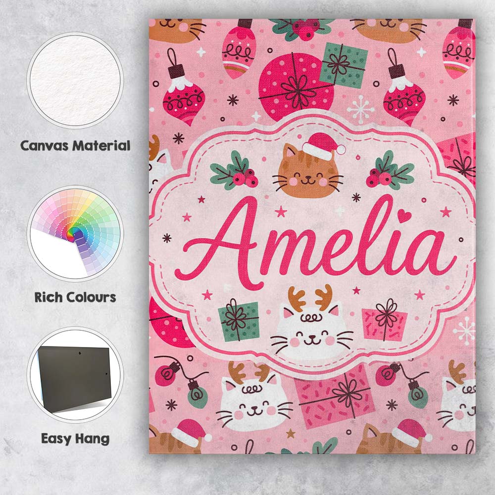 Personalised Name Cute Christmas Cats Gifts Custom Bespoke Interior Contemporary Canvas Wall Art Print Decor Picture Ready to Hang