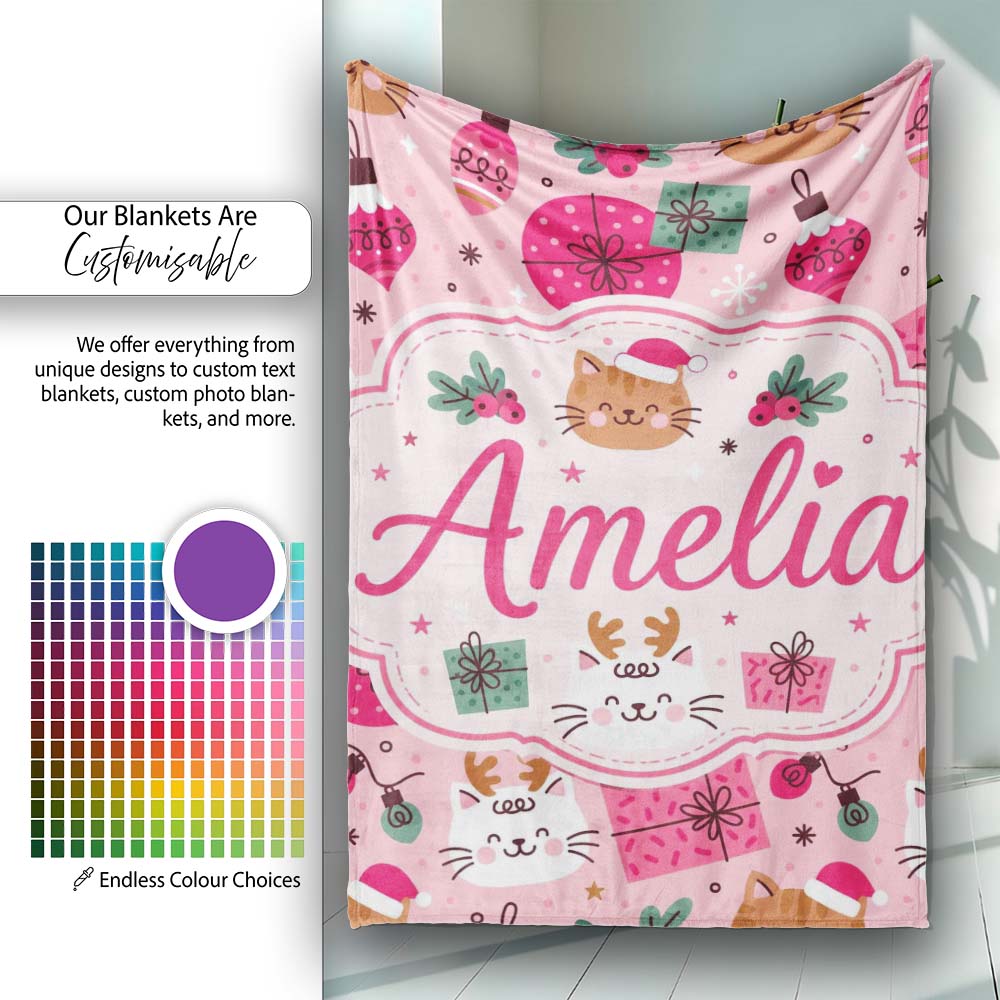 Cute Christmas Cats Gifts Baubles Festive Seamless Pattern Lovely Personalised Custom Name Super Soft Fleece Blanket Bed Sofa Throw