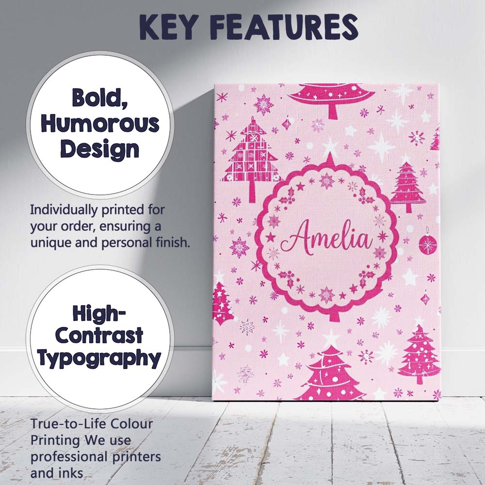 Personalised Name Pink Christmas Tree Custom Modern Room Accent Creative Decorator Style Canvas Wall Art Print Decor Picture Ready to Hang