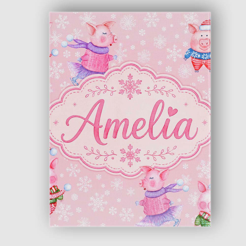 Personalised Name Cute Winter Pig Snowflake Custom Bespoke Interior Contemporary Canvas Wall Art Print Decor Picture Ready to Hang