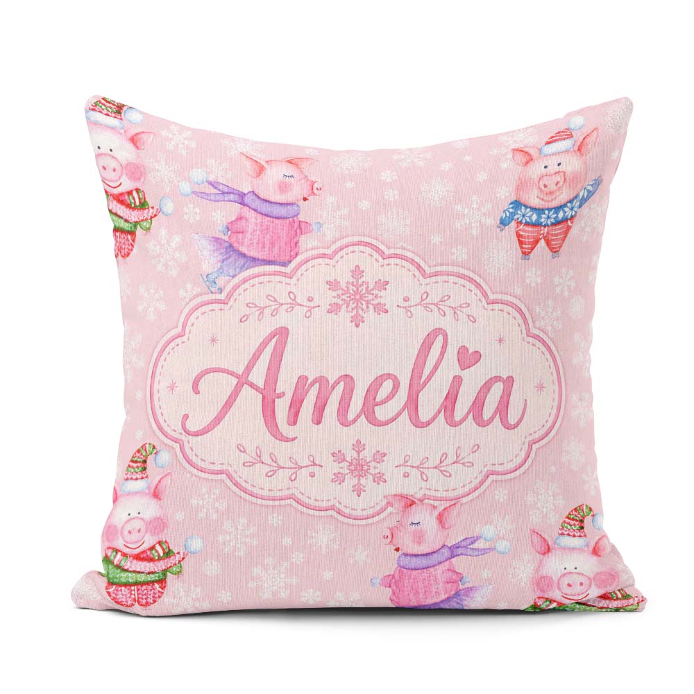 Custom Name Winter Pig Snowflake Watercolor Seamless Pattern Square Filled Cushion Throw Pillow Sofa Bed Home Decor Zip Washable UK Made