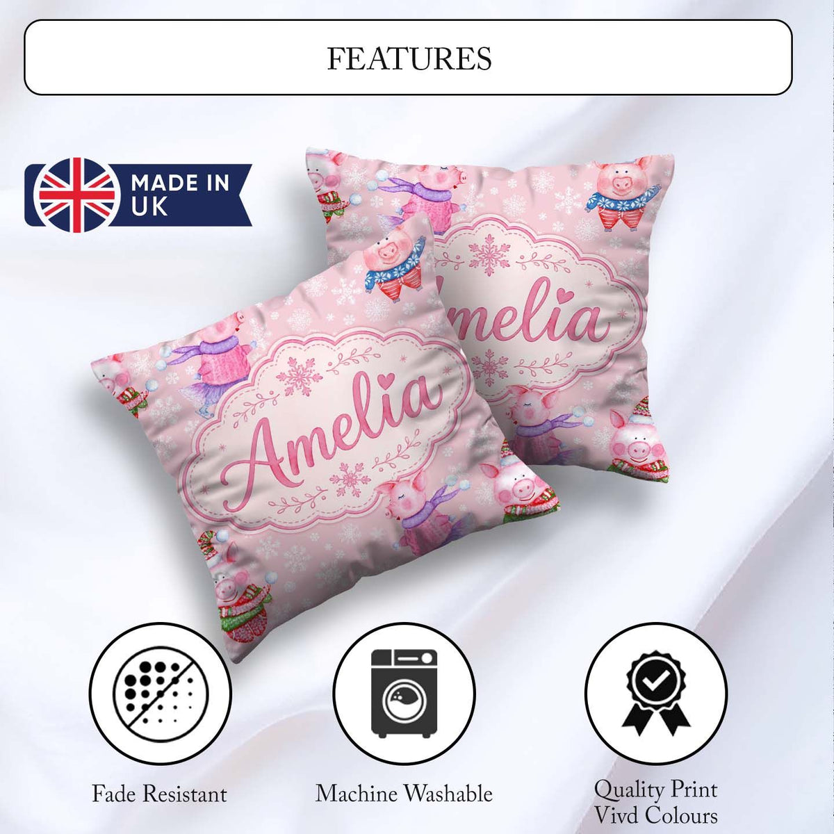 Custom Name Winter Pig Snowflake Watercolor Seamless Pattern Square Filled Cushion Throw Pillow Sofa Bed Home Decor Zip Washable UK Made