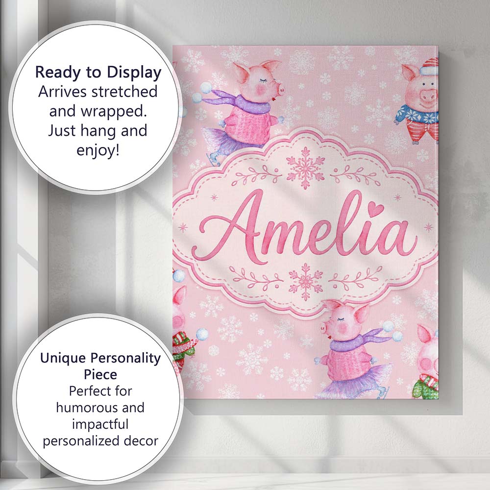 Personalised Name Cute Winter Pig Snowflake Custom Bespoke Interior Contemporary Canvas Wall Art Print Decor Picture Ready to Hang