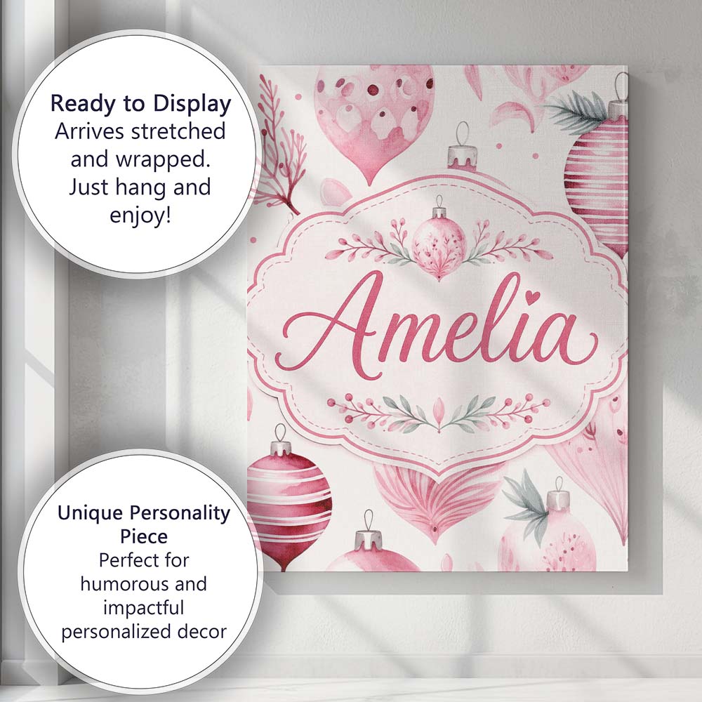 Personalised Name Elegant Pink Christmas Custom Interior Decorative Contemporary Canvas Wall Art Print Decor Picture Ready to Hang