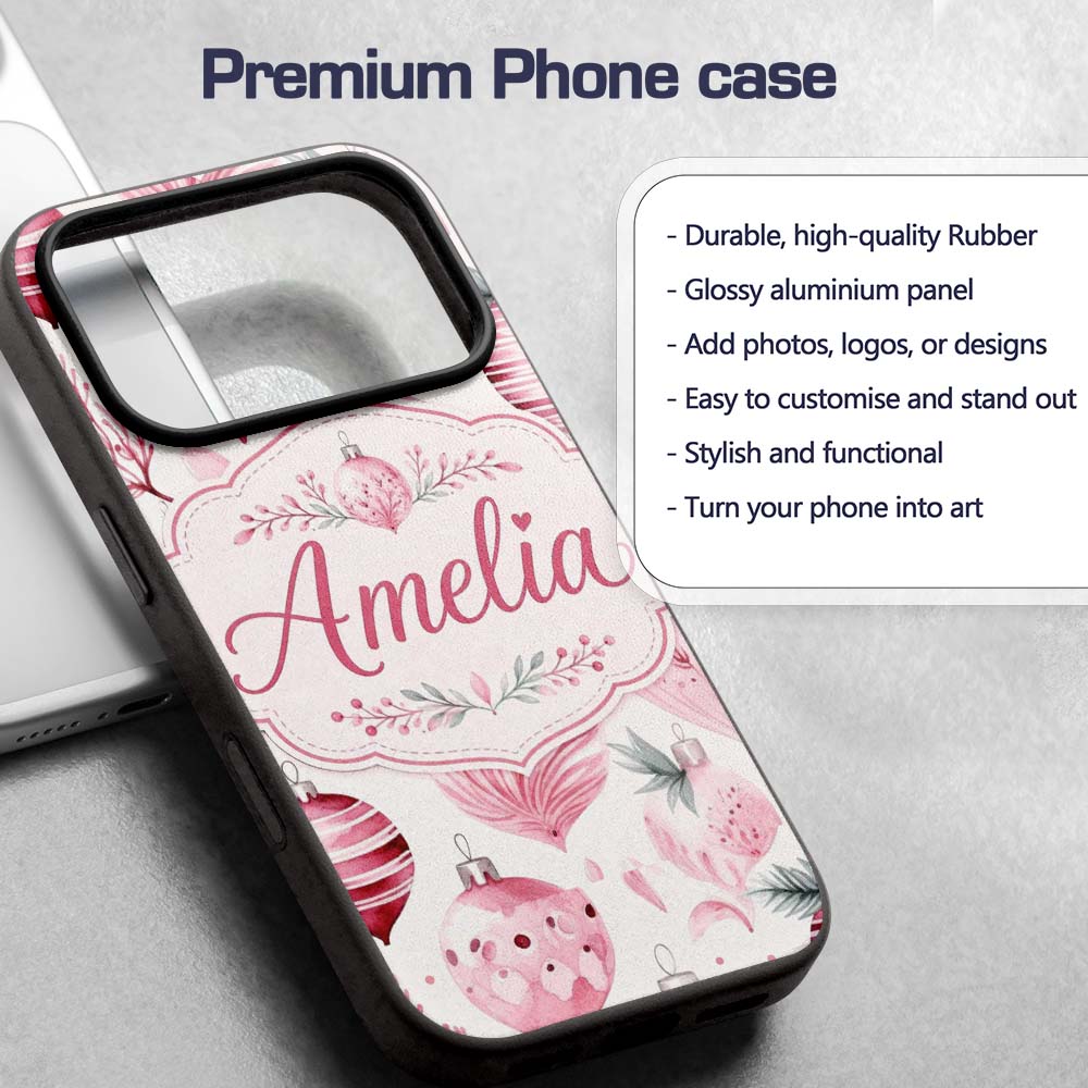Elegant Pink Christmas Baubles Printed Design Custom Name Protective Phone Case Mobile Cover Durable Everyday Smartphone Shock Resistant