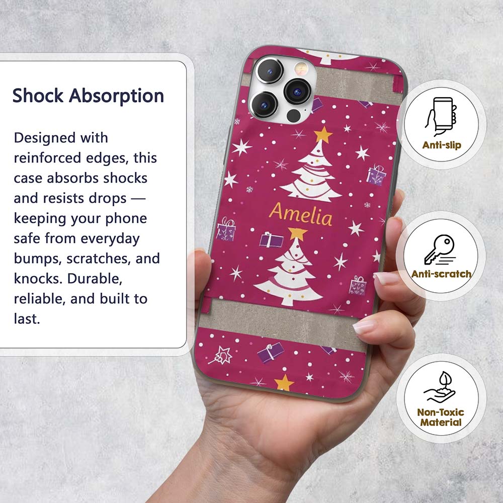 White Christmas Tree Star Gift Festive Seamless Custom Name Protective Phone Case Mobile Cover Durable Everyday Smartphone Shock Resistant