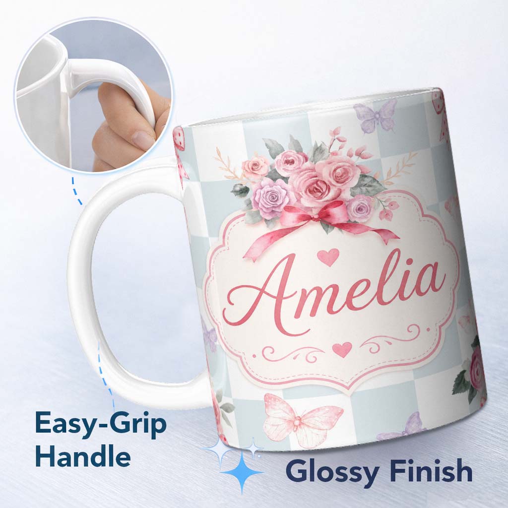 Personalized Custom Name Cute Watercolor Roses Bouquet with Red Ribbon Gingham Blue Lovely 11oz Ceramic Coffee Tea Mug White Large Handle