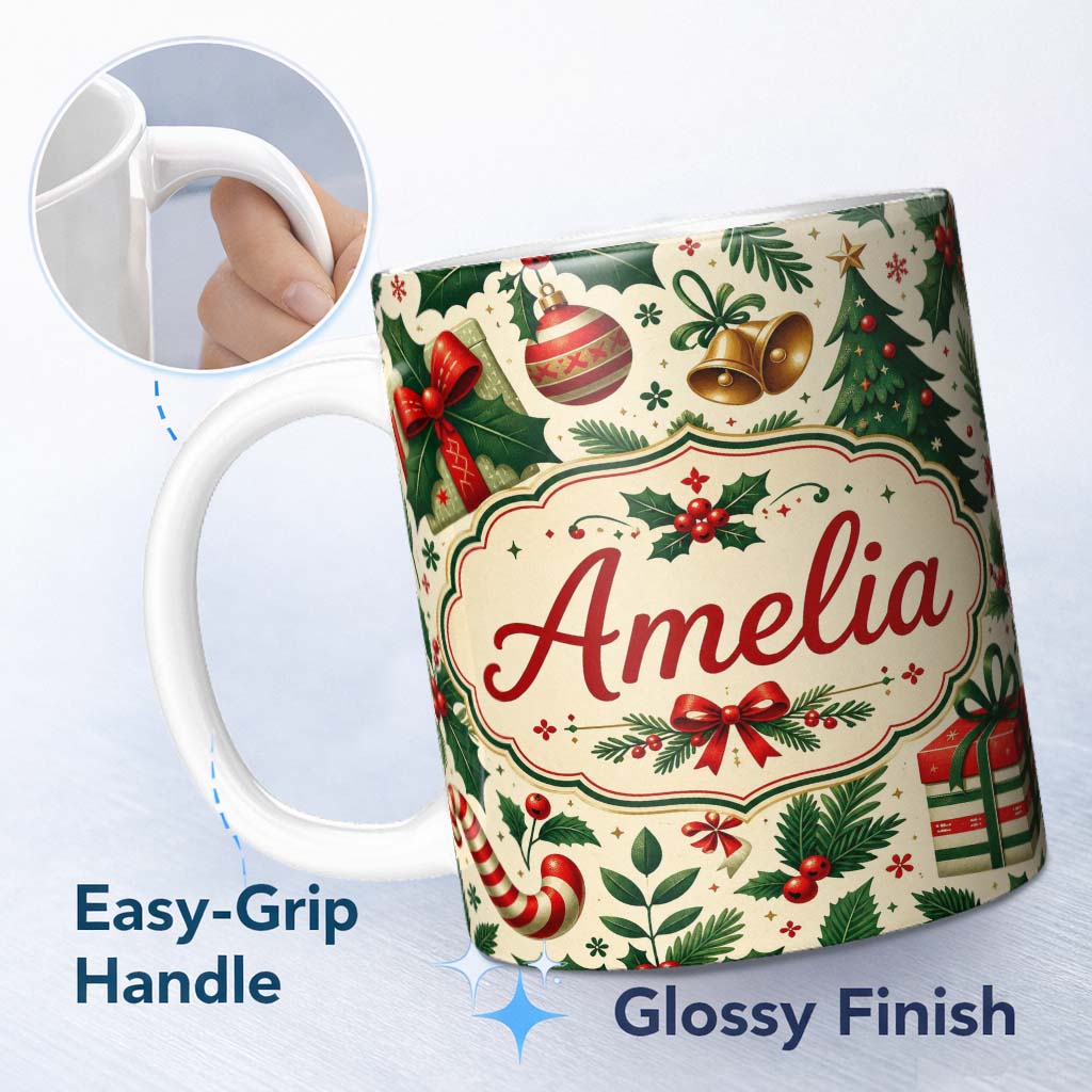 Personalized Custom Name Christmas Stocking Holly Bell Gift Festive Seamless Pattern Lovely 11oz Ceramic Coffee Tea Mug White Large Handle