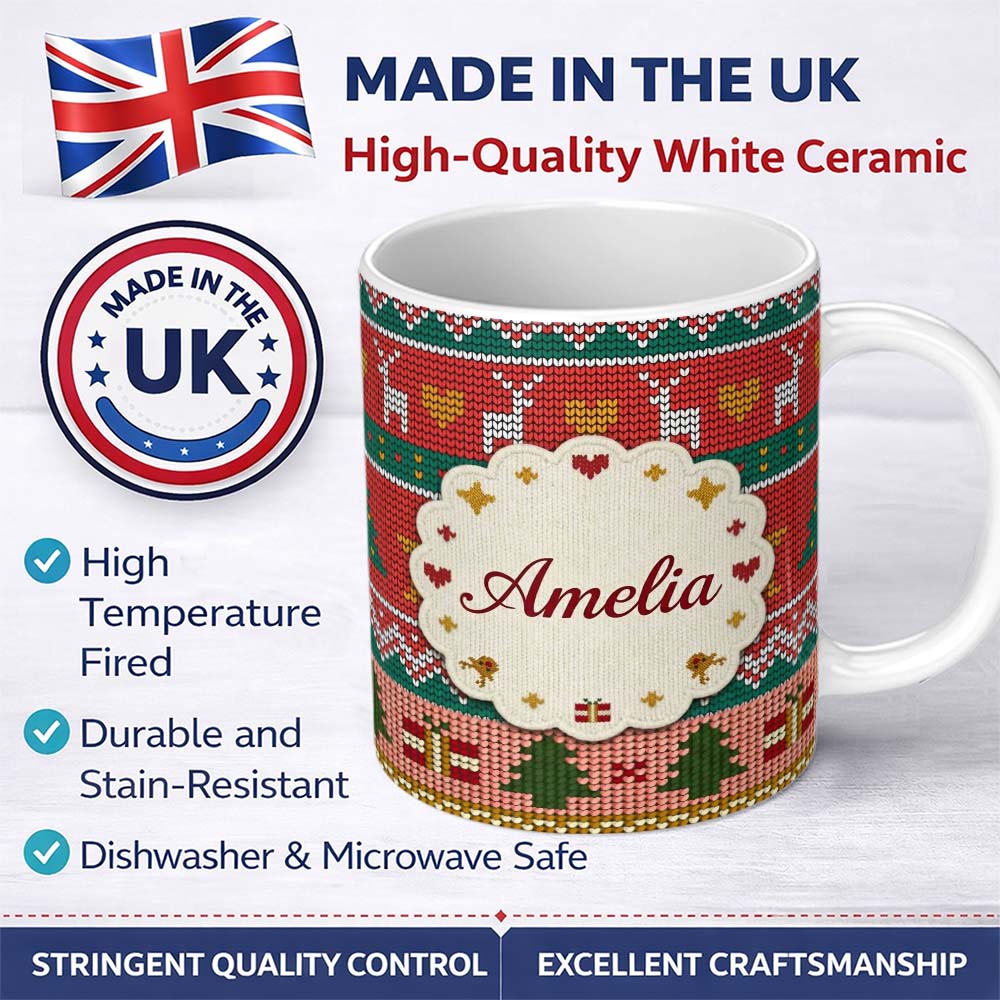 Personalized Custom Name Nordic Deer Heart Tree Knit Pattern Red Green White Festive Seamless 11oz Ceramic Coffee Tea Mug White Large Handle