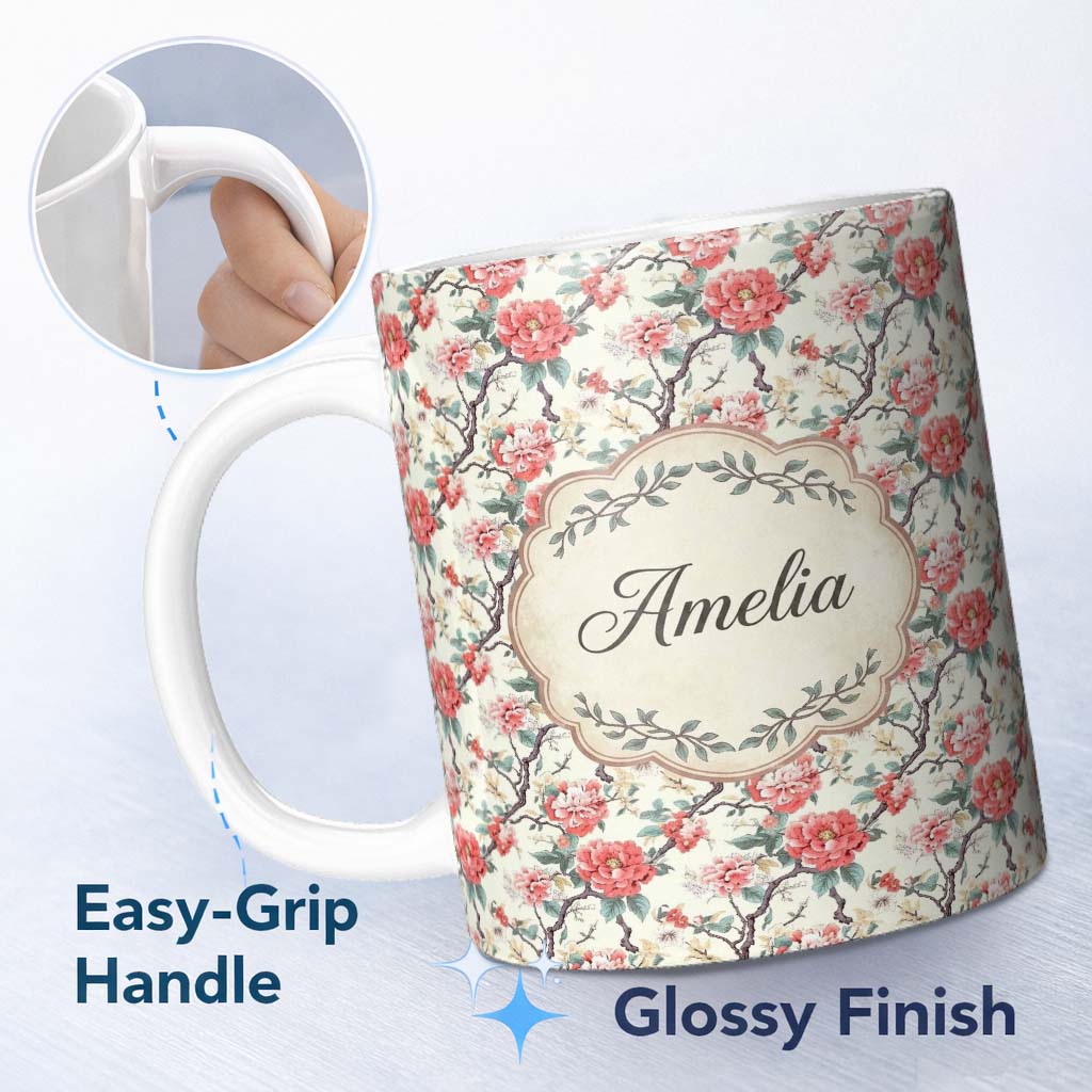 Personalized Custom Name Red Blossom Oriental Floral Branch Seamless Pattern Cute Unique Gift 11oz Ceramic Coffee Tea Mug White Large Handle
