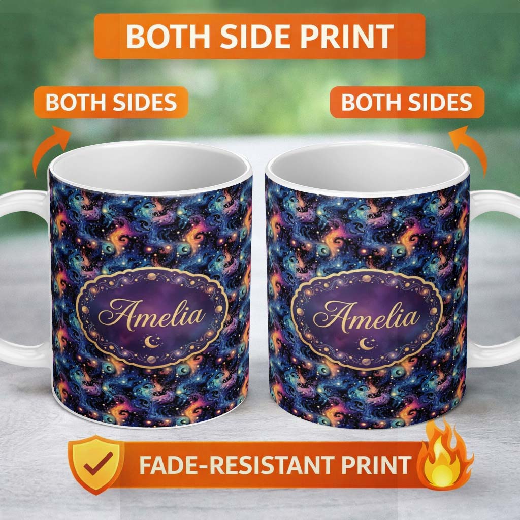 Personalized Custom Name Swirling Colorful Galaxy Abstract Space Seamless Pattern Vibrant 11oz Ceramic Coffee Tea Mug White Large Handle