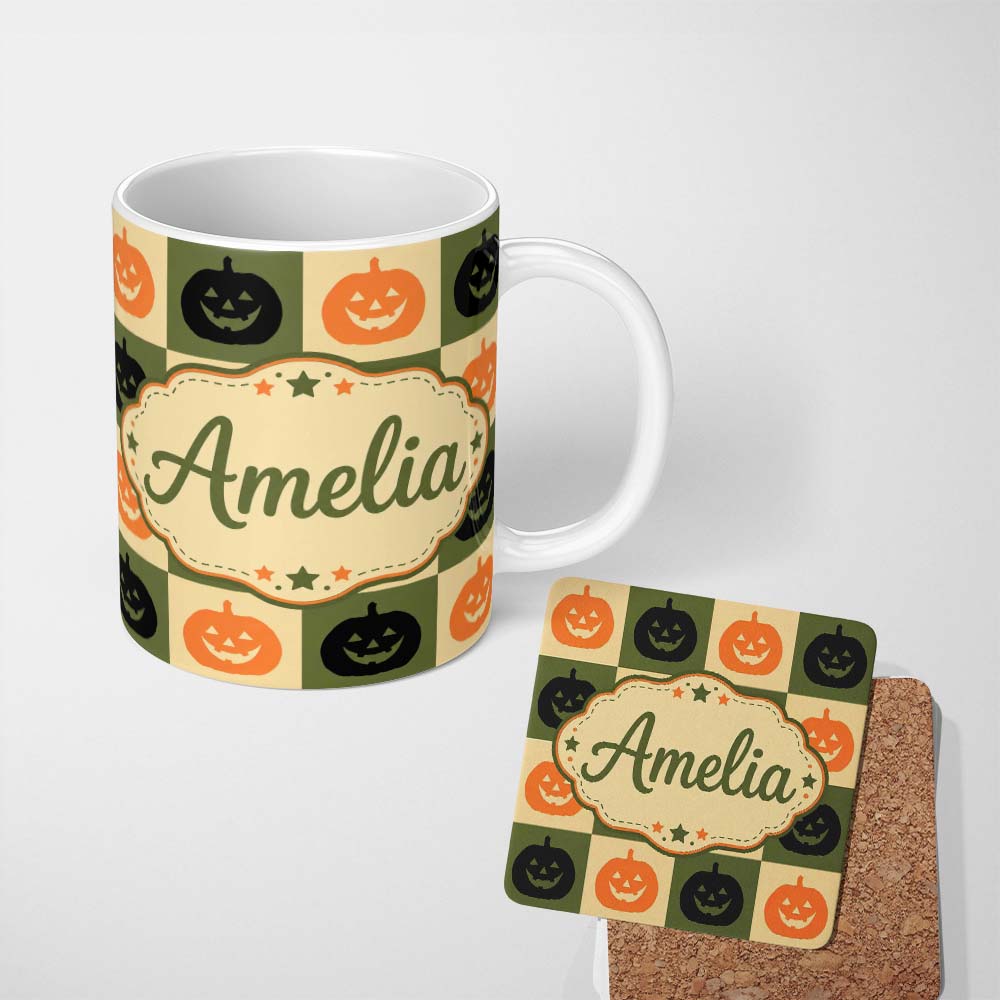 Personalized Custom Name Olive Pumpkin Checkerboard Rustic Autumn Seamless Pattern UK Name 11oz Ceramic Coffee Tea Mug White Large Handle