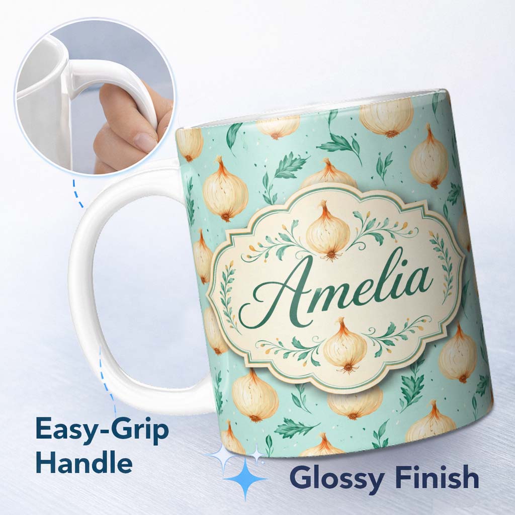 Personalized Custom Name Blue Background Onion Seamless Pattern Fresh Kitchen Garden Style 11oz Ceramic Coffee Tea Mug White Large Handle