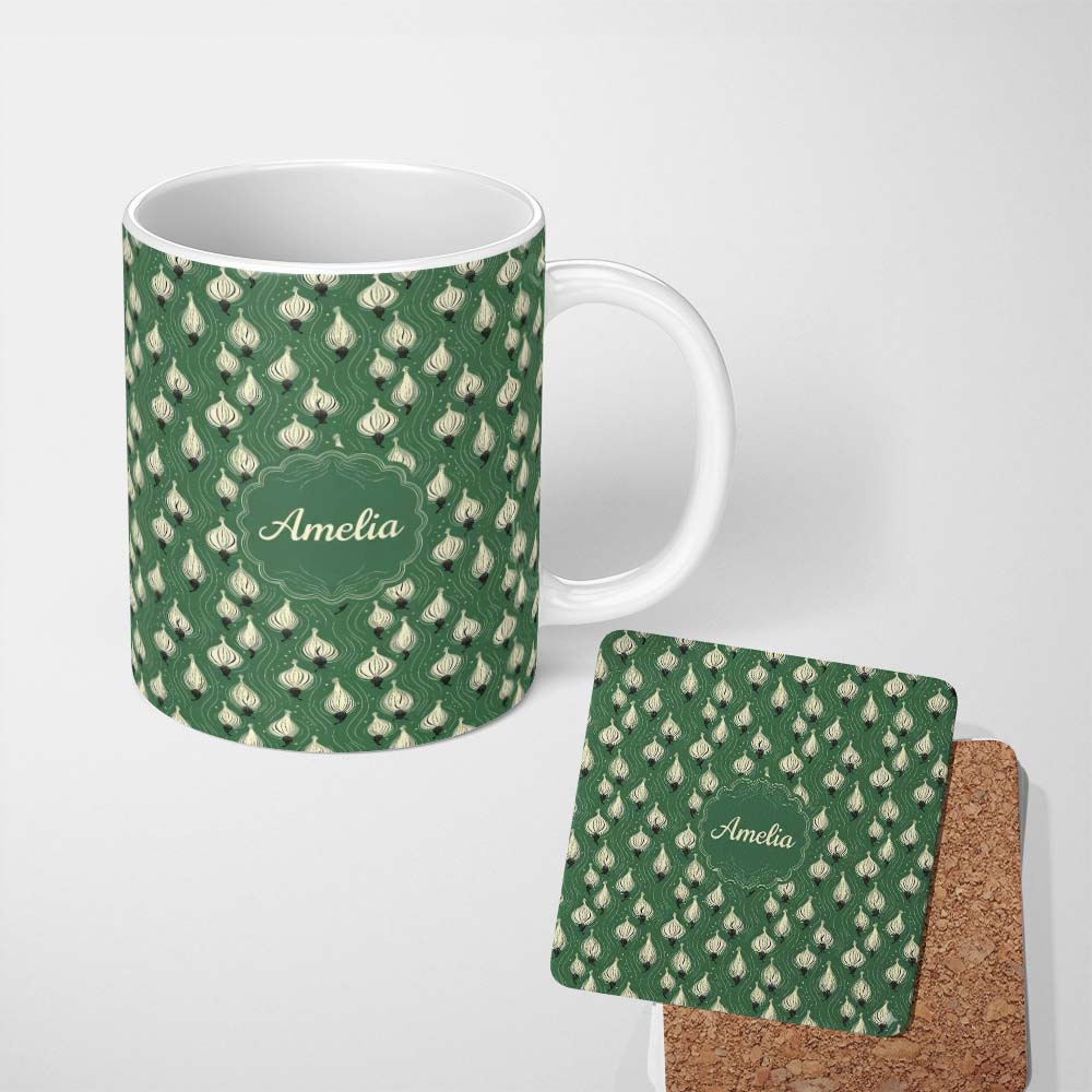 Personalized Custom Name Dark Green Onion Seamless Pattern Elegant Minimal Botanical Design 11oz Ceramic Coffee Tea Mug White Large Handle