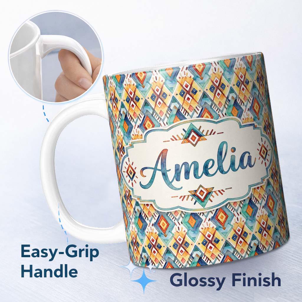 Personalized Custom Name Colorful Diamond Aztec Tribal Watercolor Seamless Pattern Design 11oz Ceramic Coffee Tea Mug White Large Handle