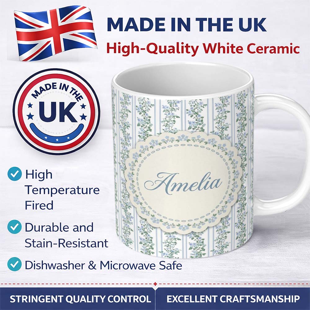 Personalized Custom Name Blue Floral Vine Stripe Seamless Pattern Beautiful Coffee Cup Lovely 11oz Ceramic Coffee Tea Mug White Large Handle
