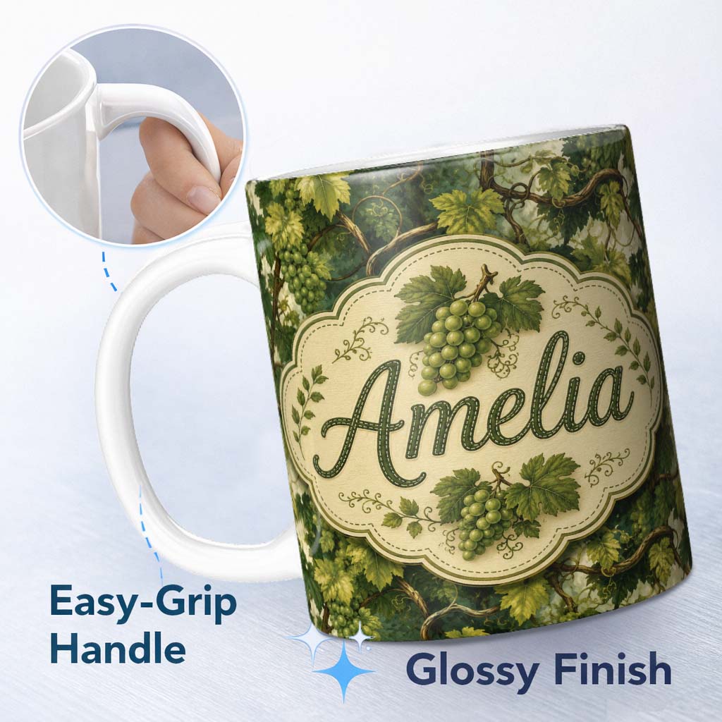 Personalized Custom Name Green Grape Vine Leaves Botanical Seamless Pattern Cute Unique Gift 11oz Ceramic Coffee Tea Mug White Large Handle