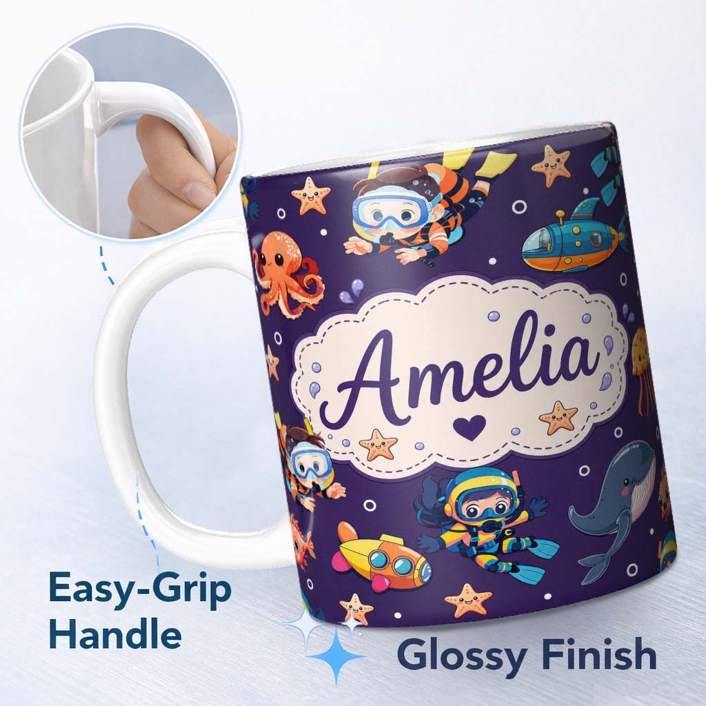 Personalized Custom Name Underwater with Scuba Divers Starfish and Whale on Rich Purple 11oz Ceramic Coffee Tea Mug White Large Handle