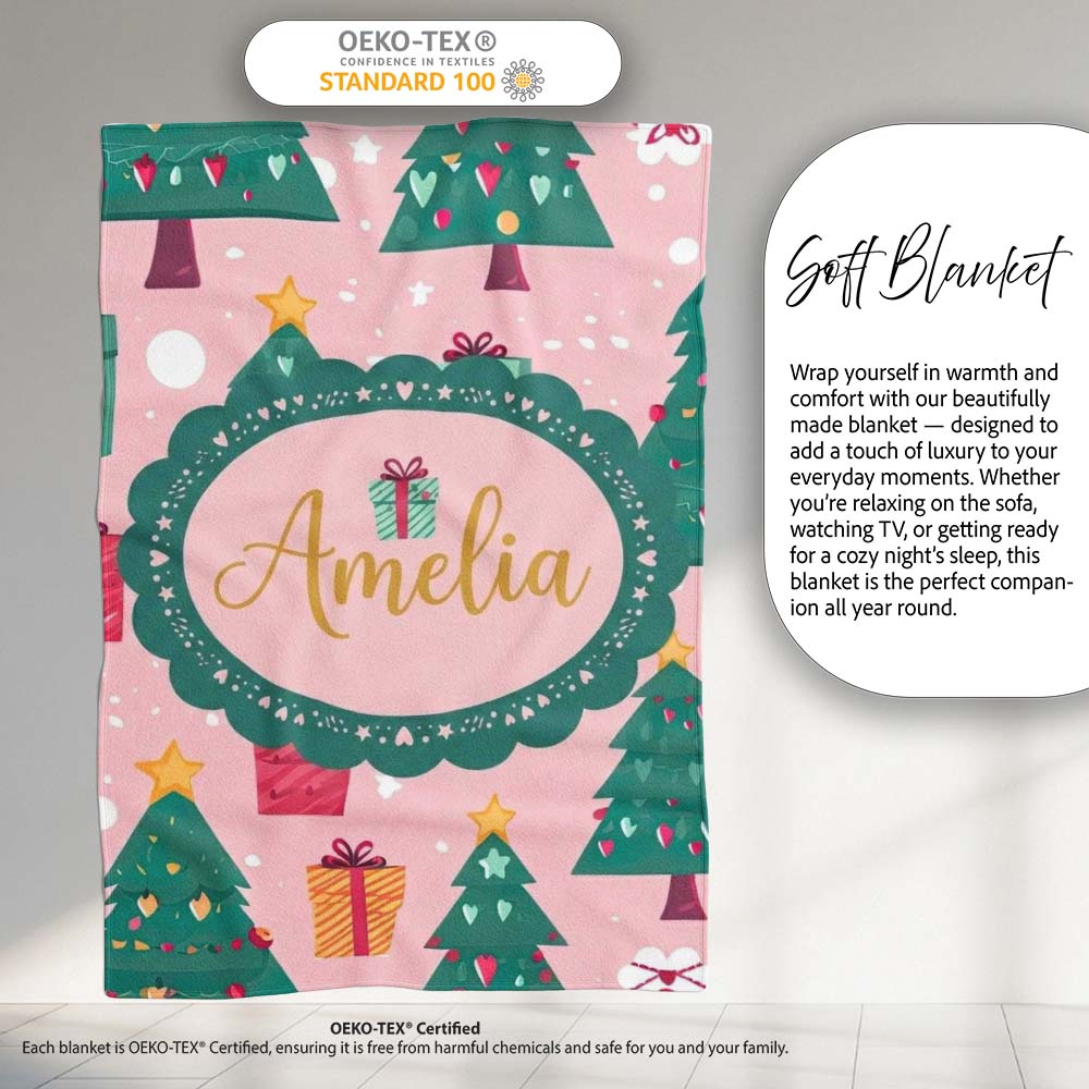 Cute Christmas Tree Gift Box Festive Seamless Pattern Lovely Personalised Custom Name Super Soft Fleece Blanket Bed Sofa Throw