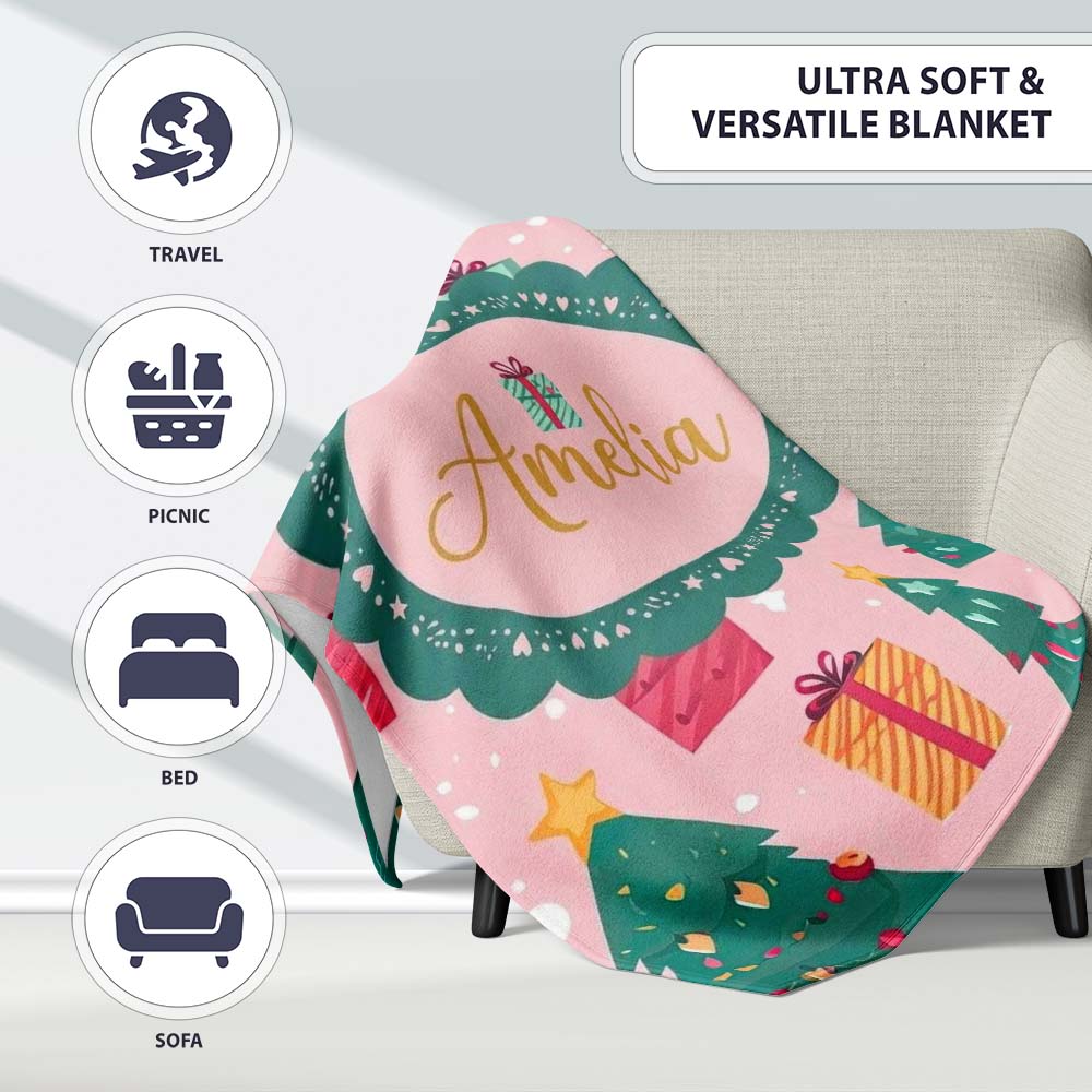Cute Christmas Tree Gift Box Festive Seamless Pattern Lovely Personalised Custom Name Super Soft Fleece Blanket Bed Sofa Throw