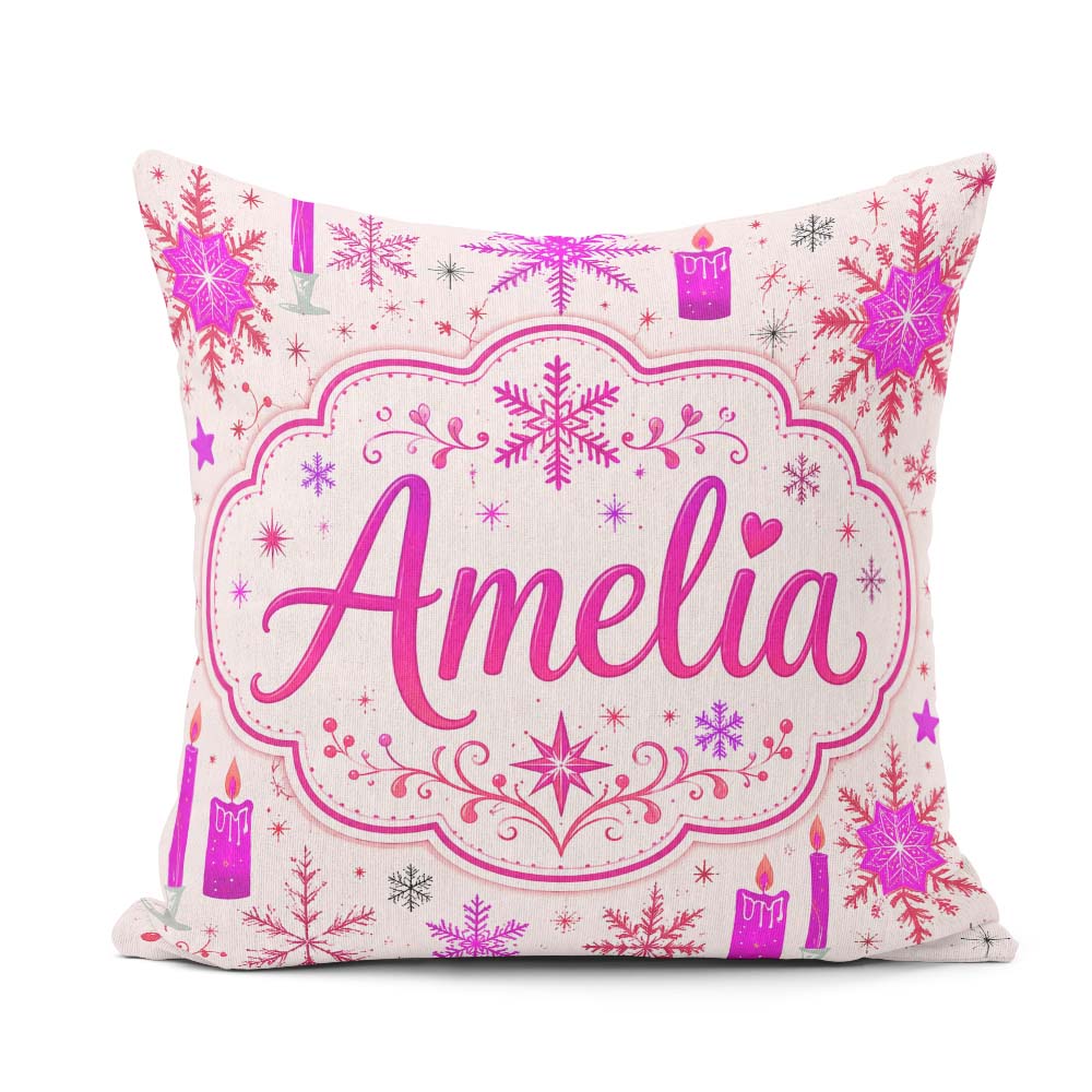 Custom Name Pink Candle Snowflake Winter Festive Seamless Lovely Square Filled Cushion Throw Pillow Sofa Bed Home Decor Zip Washable UK Made
