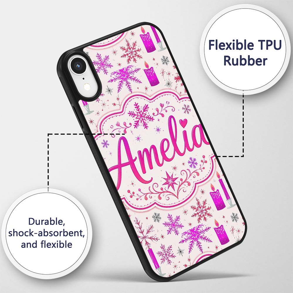 Pink Candle Snowflake Winter Festive Seamless Custom Name Protective Phone Case Mobile Cover Durable Everyday Smartphone Shock Resistant