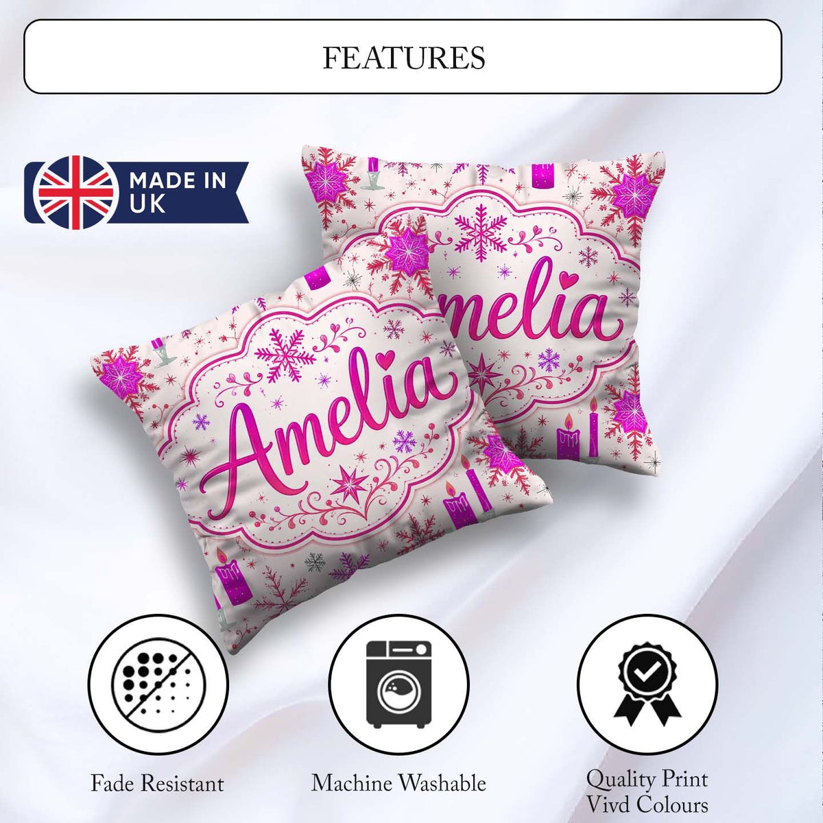 Custom Name Pink Candle Snowflake Winter Festive Seamless Lovely Square Filled Cushion Throw Pillow Sofa Bed Home Decor Zip Washable UK Made